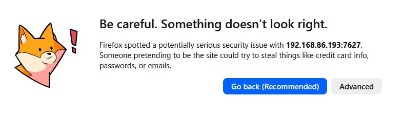 Firefox security warning showing 'Be careful. Something doesn't look right' for the HP device URL