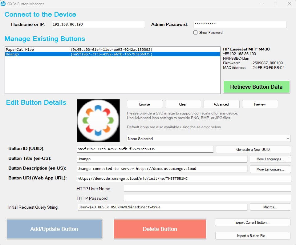 HP OXPd Button Manager utility showing connection fields, existing buttons list with Umango selected, and the button details edit pane
