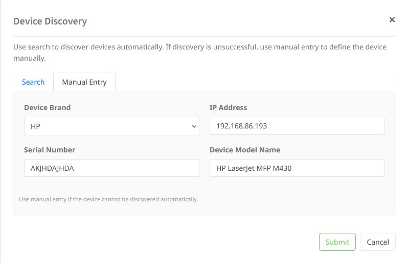 Umango Device Discovery dialog on the Manual Entry tab with Device Brand HP, IP address, serial number and device model name fields filled in