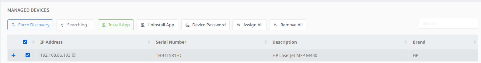 Umango Managed Devices screen with the HP LaserJet MFP M430 row checked and the Install App button highlighted in the toolbar
